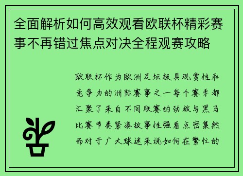 全面解析如何高效观看欧联杯精彩赛事不再错过焦点对决全程观赛攻略