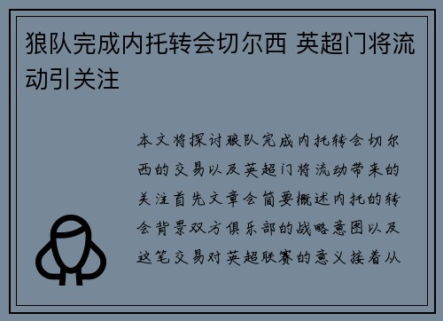 狼队完成内托转会切尔西 英超门将流动引关注